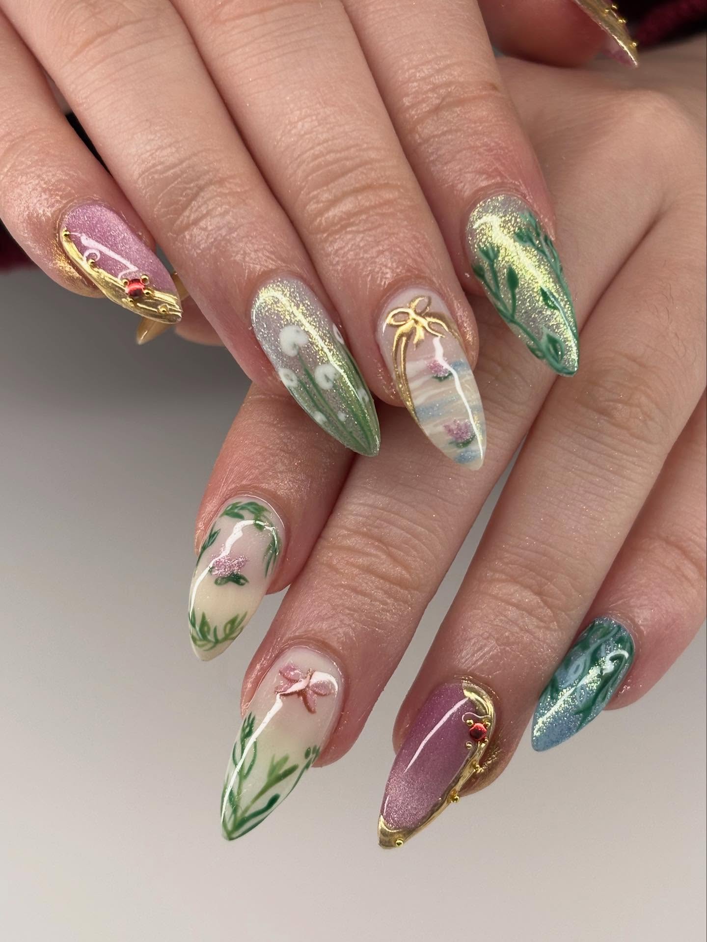 Jardin pastel peint main — nail art La P'tite Manucure